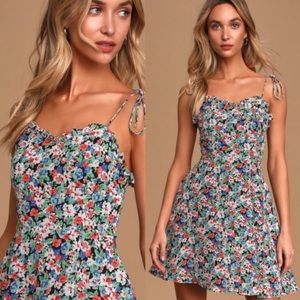 Lulus Celebration Black Floral Ruffle Skater Dress